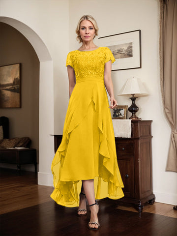 A-line Scoop Illusion Asymmetrical Chiffon Lace Mother of the Bride Dress With Bow Ruffle Sequins