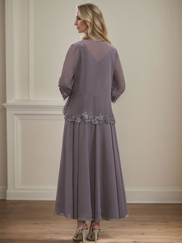 A-line V-Neck Ankle-Length Chiffon Mother of the Bride Dress With Sequins Appliques Lace Beading