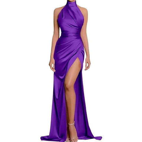 Robe de bal longue à décolleté haut et fente haute