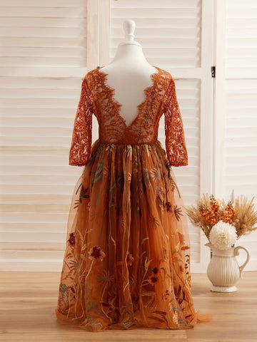 Burnt Orange Lace Tulle Embroidered Ankle Length Flower Girl Dress