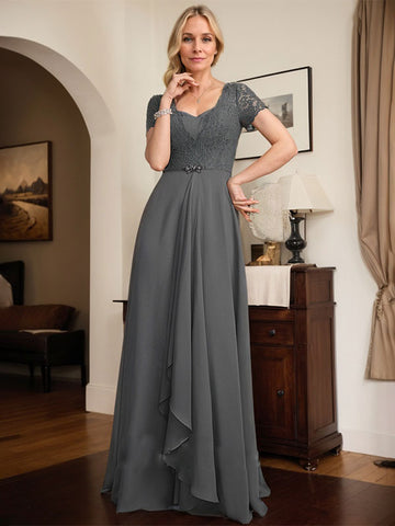 A-line Sweetheart Floor-Length Chiffon Lace Mother of the Bride Dress With Beading Cascading Ruffles