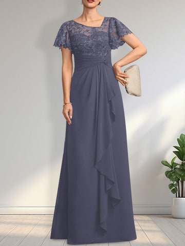 A-line Asymmetrical Illusion Floor-Length Lace Chiffon Mother of the Bride Dress With Cascading Ruffles Sequins