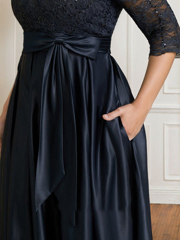 A-line V-Neck Floor-Length Satin Lace Mother of the Bride Dress With Sequins Bow