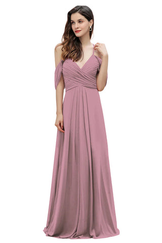 Elegante vestido de dama de honor de gasa corte A con tirantes finos y hombros descubiertos, largo hasta el suelo, ideal para bodas y fiestas.
