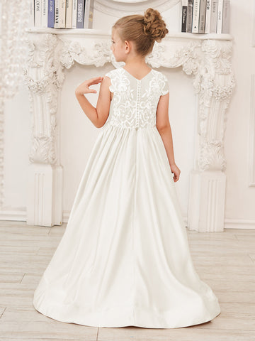 A-line Lace Satin Floor-length Flower Girl Dress