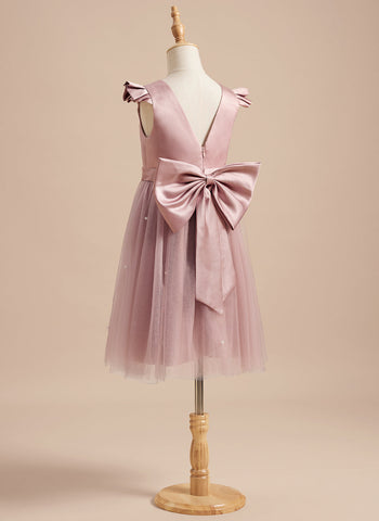 A-line Satin Tulle Knee-length Dusty Rose Dress (2003227179)