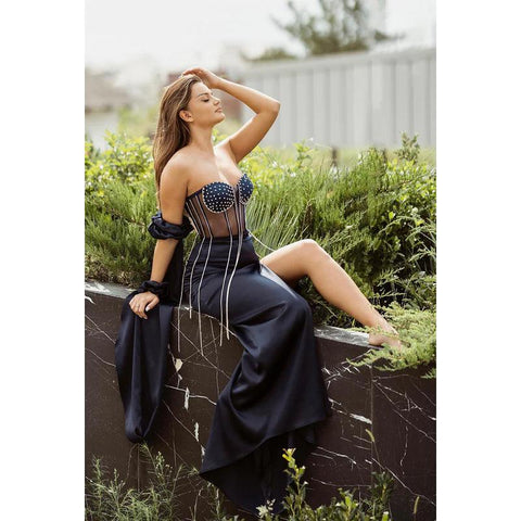 Vestido de noche largo de fiesta con escote corazón, sin tirantes, de tul transparente con cuentas y satén