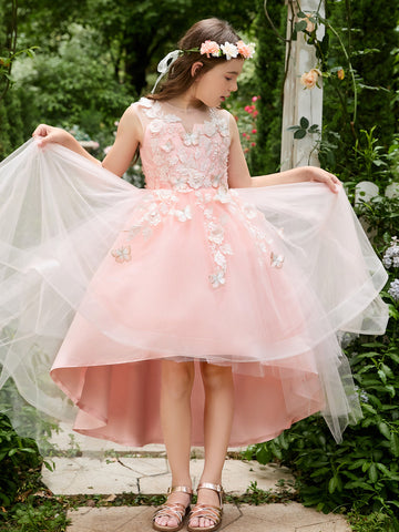 Ball-Gown/Princess Tulle Asymmetrical Pink Flower Girl Dress