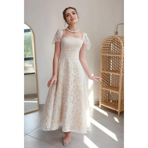 Vestido de fiesta de noche con escote cuadrado, mangas de copa, estampado de tul, corte A, largo hasta la rodilla