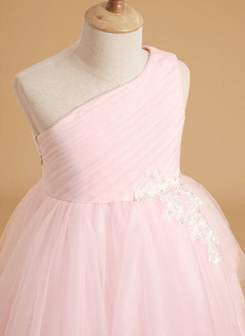 Enchanted Blush A-Line Princess Flower Girl Dress | One-Shoulder Tulle Gown with Train