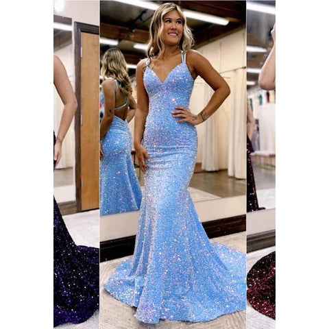 Vestido de fiesta de sirena con tirantes, lentejuelas, escote en V, espalda descubierta y sexy