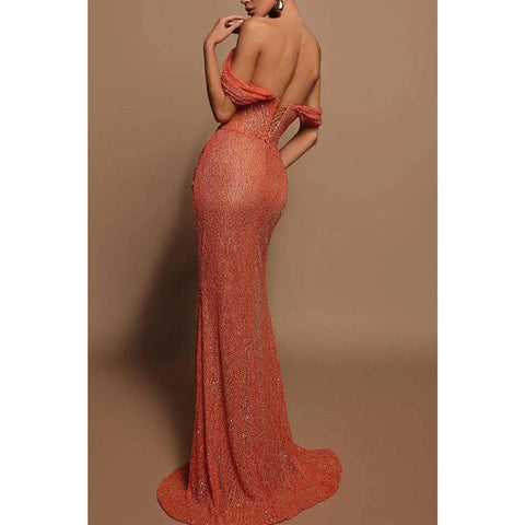 Vestido de fiesta formal de sirena con tirantes finos, cuentas y encaje 