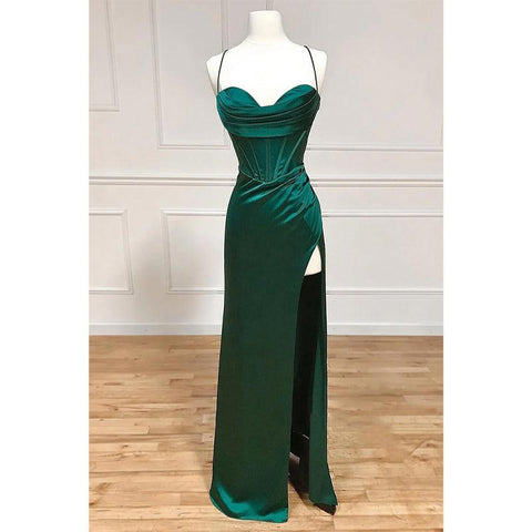 Vestido de fiesta largo con tirantes finos, pliegues y abertura alta 