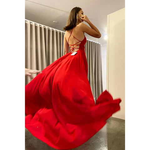 Vestido de fiesta de mujer con tirantes finos, apliques de encaje, corte A y abertura 