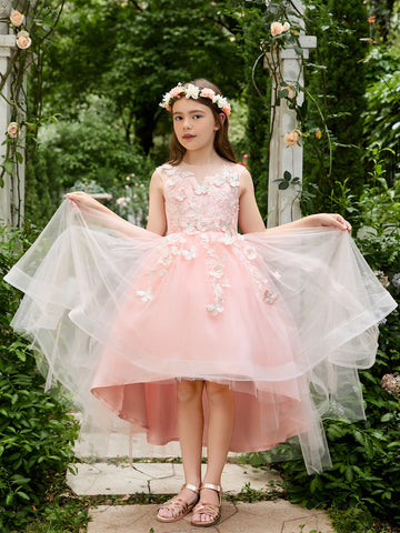 Ball-Gown/Princess Tulle Asymmetrical Pink Flower Girl Dress