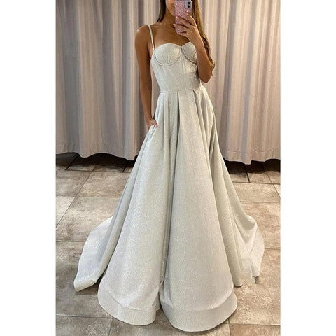 Vestido de fiesta para mujer con escote en forma de corazón, tirantes finos y brillantes, con bolsillos 