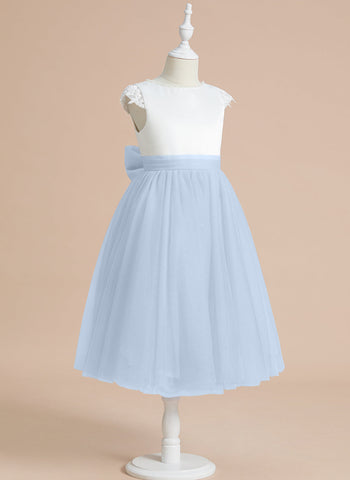 A-line Satin Tulle Tea-length First Communion Flower Girl Dress