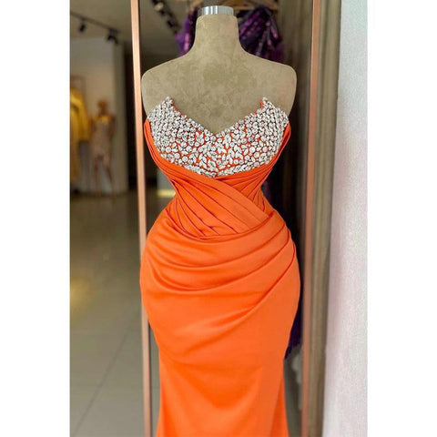 Vestido de noche largo formal con escote corazón, sin tirantes, plisado y cuentas 