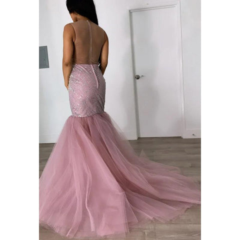 Robe de soirée longue sirène en tulle transparent avec appliques à paillettes