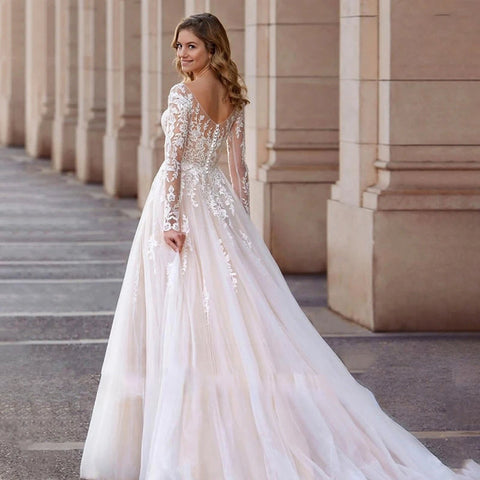 Sexy Lace Simple Elegant Mopping Wedding Dresses V-neck Long Sleeves Plain White Pretty Fascinating Bridal Gowns Backless 2023