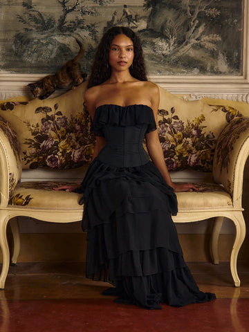 Vintage Black Strapless Ruffle Gown – Sheer Waist-Cinching Evening Dress for Gala & Runway