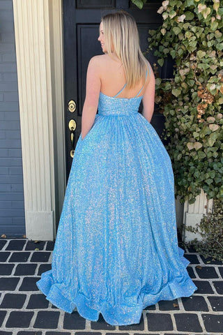 Sparkly Plus Size Light Blue One Shoulder A Line Sequins Prom Dress