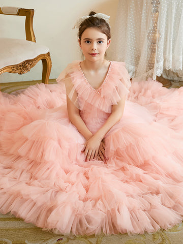 A-line Tulle Sweep Train Pearl Pink Dress (2003225563)