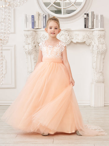A-line Lace Tulle Sweep Train Pink Flower Girl Dress