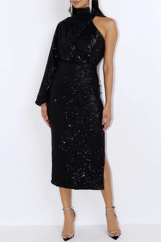 Elegante vestido de noche formal liso con lentejuelas y abertura halter 