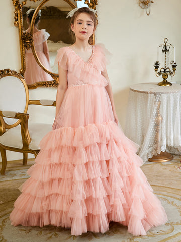 A-line Tulle Sweep Train Pearl Pink Dress (2003225563)