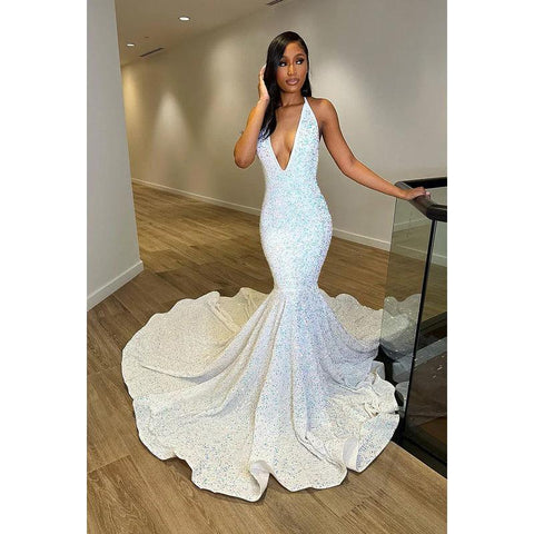 Vestido formal de noche de graduación con escote en V, sin mangas, espalda descubierta y lentejuelas, corte trompeta/sirena