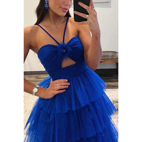Vestido de noche de fiesta de graduación con tul, corte A, estilo imperio, con escote halter y cola 