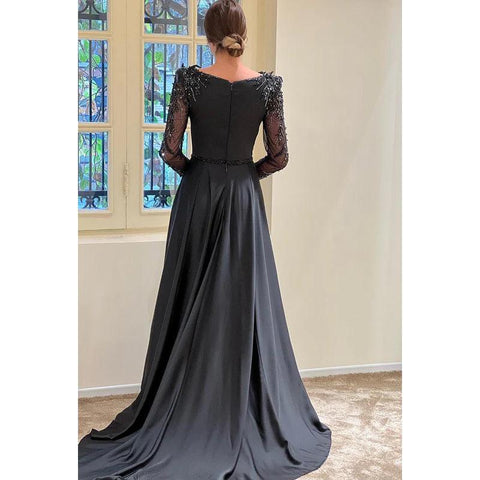 Robe de soirée fourreau/colonne carrée en satin à manches longues et appliques
