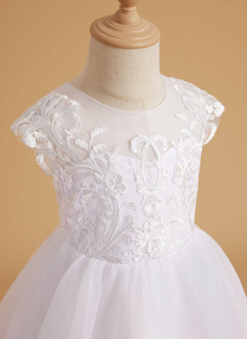 A-line Lace Tulle Sweep Train Pink Flower Girl Dress