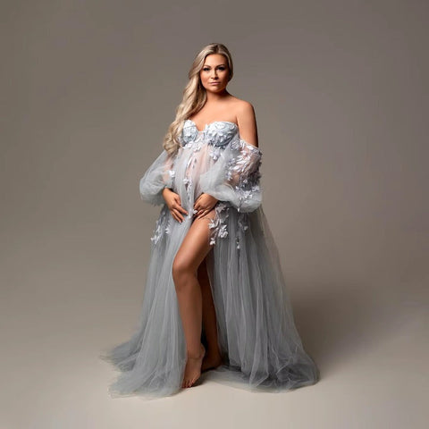 Elegant Appliqued Tulle Maternity Dress Puff Sleeves Side Slit Sweetheart Maternity Dresses Photoshoot Baby Shower Dress Custom