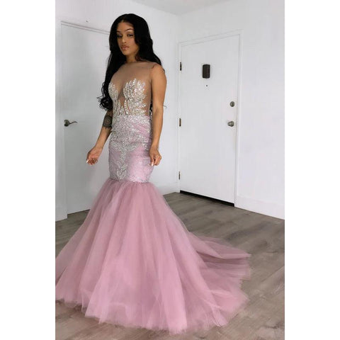 Robe de soirée longue sirène en tulle transparent avec appliques à paillettes
