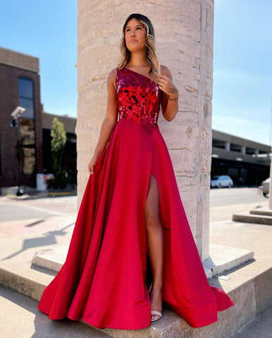 A Line One Shoulder Sequins Long Prom Dress with Slit