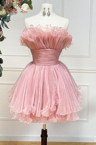 Lindo vestido corto azul de corte A sin tirantes para baile de bienvenida con volantes