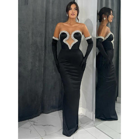 Sheath Strapless Beaded Satin Pleats Long Sleeves Prom Dress Evening Gowns