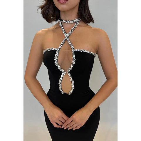 Vestido de fiesta de noche sin mangas con cuello halter y diamantes de imitación sexy