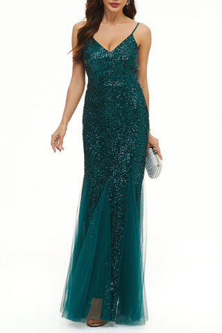 Vestidos de noche sexys formales con escote en V y diseño patchwork liso 