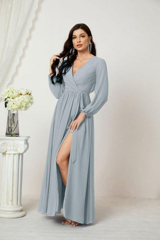 Sunnderly Evening Dresses Deep V-Neck Chiffon Bridesmaid Dresses Long Bishop Sleeve Side Split Formal Dress SY2806