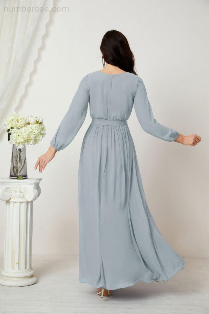 Numbersea Evening Dresses Deep V-Neck Chiffon Bridesmaid Dresses Long Bishop Sleeve Side Split Formal Dress 2806