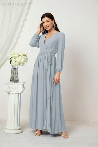 Sunnderly Evening Dresses Deep V-Neck Chiffon Bridesmaid Dresses Long Bishop Sleeve Side Split Formal Dress SY2806