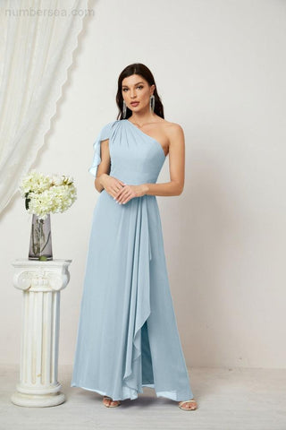 Robe de demoiselle d'honneur longue en mousseline de soie à volants et à une épaule, coupe trapèze, robe de soirée formelle fendue sur le côté, 2809