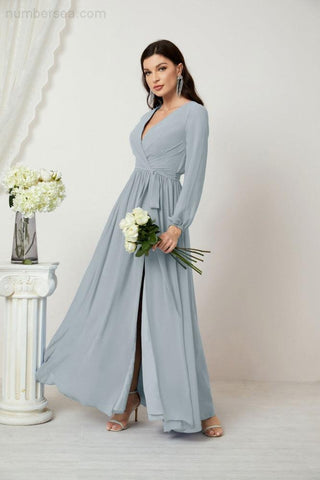 Sunnderly Evening Dresses Deep V-Neck Chiffon Bridesmaid Dresses Long Bishop Sleeve Side Split Formal Dress SY2806
