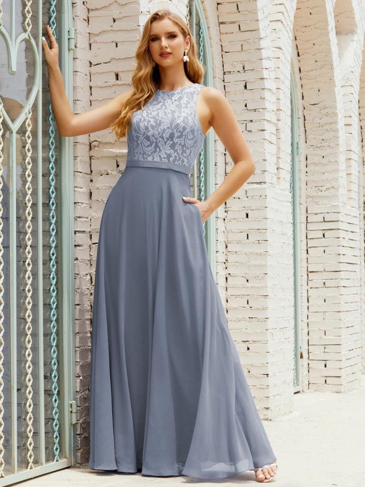 Lace Bridesmaid Dress Floor Length Evening Gowns with Pockets 28017