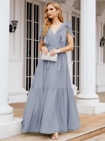 Baoleely Women's Open Back Formal Evening Party Prom Gowns V-Neck Long Chiffon Bridesmaid Dresses with Waist Belt 28038