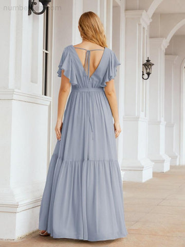 Baoleely Women's Open Back Formal Evening Party Prom Gowns V-Neck Long Chiffon Bridesmaid Dresses with Waist Belt 28038