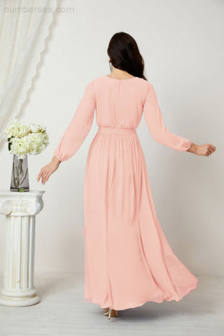 Sunnderly Evening Dresses Deep V-Neck Chiffon Bridesmaid Dresses Long Bishop Sleeve Side Split Formal Dress SY2806